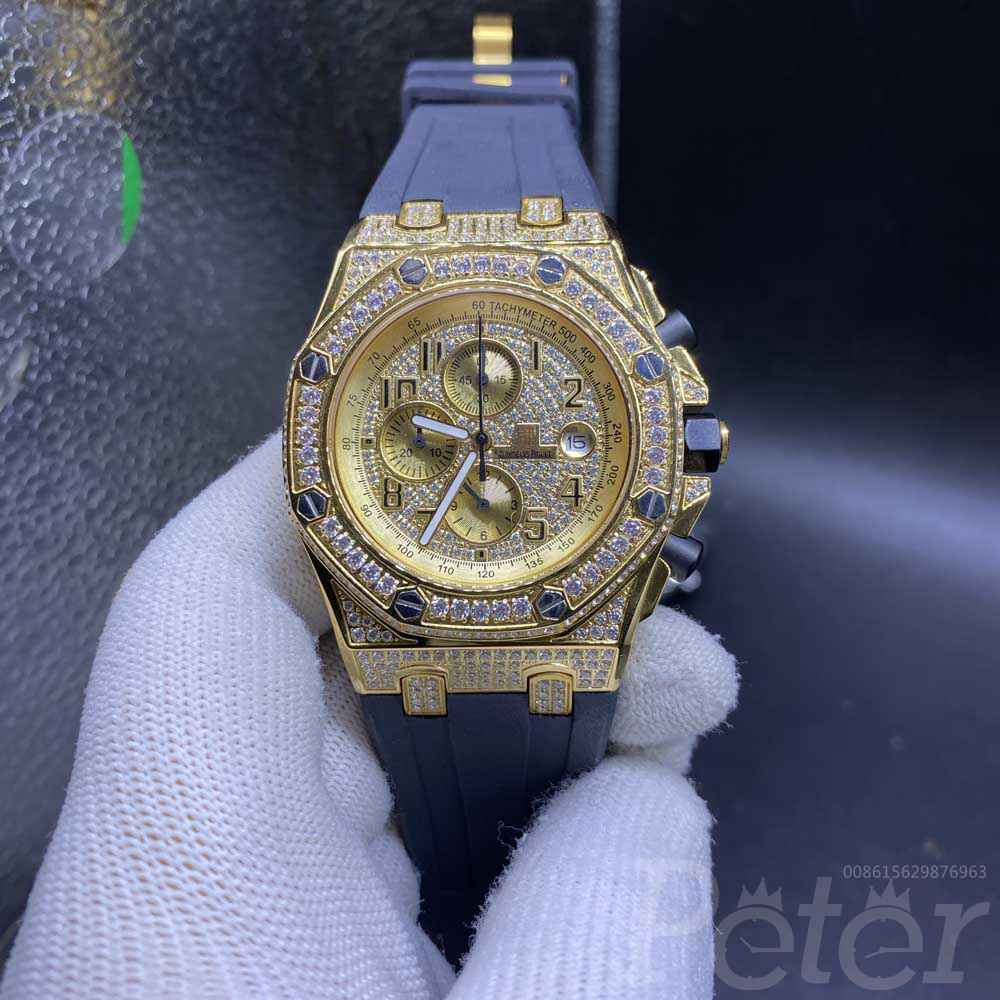 AP full iced out gold case 42.5mm diamonds face AAA quartz movement black rubber strap men watch XJ075