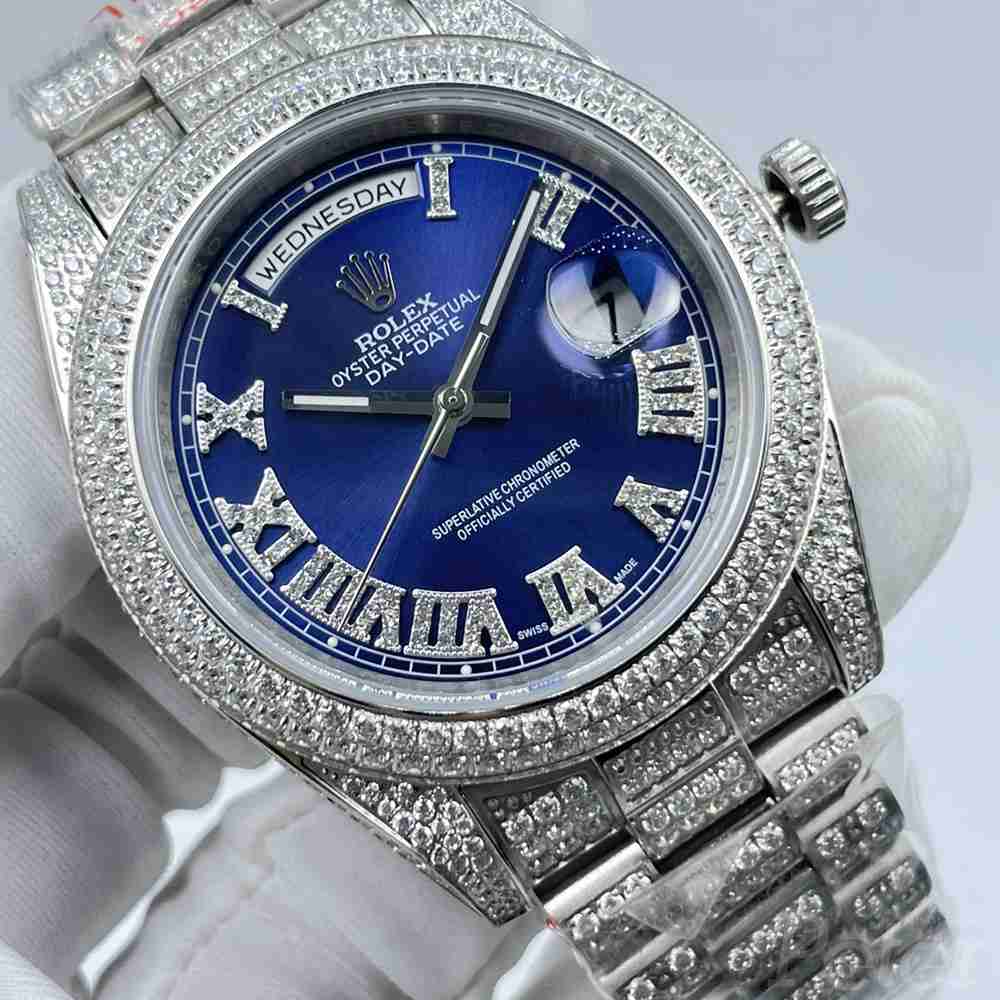 DayDate 41mm blue dial diamonds case Roman numbers AAA automatic men shiny stones watch S100