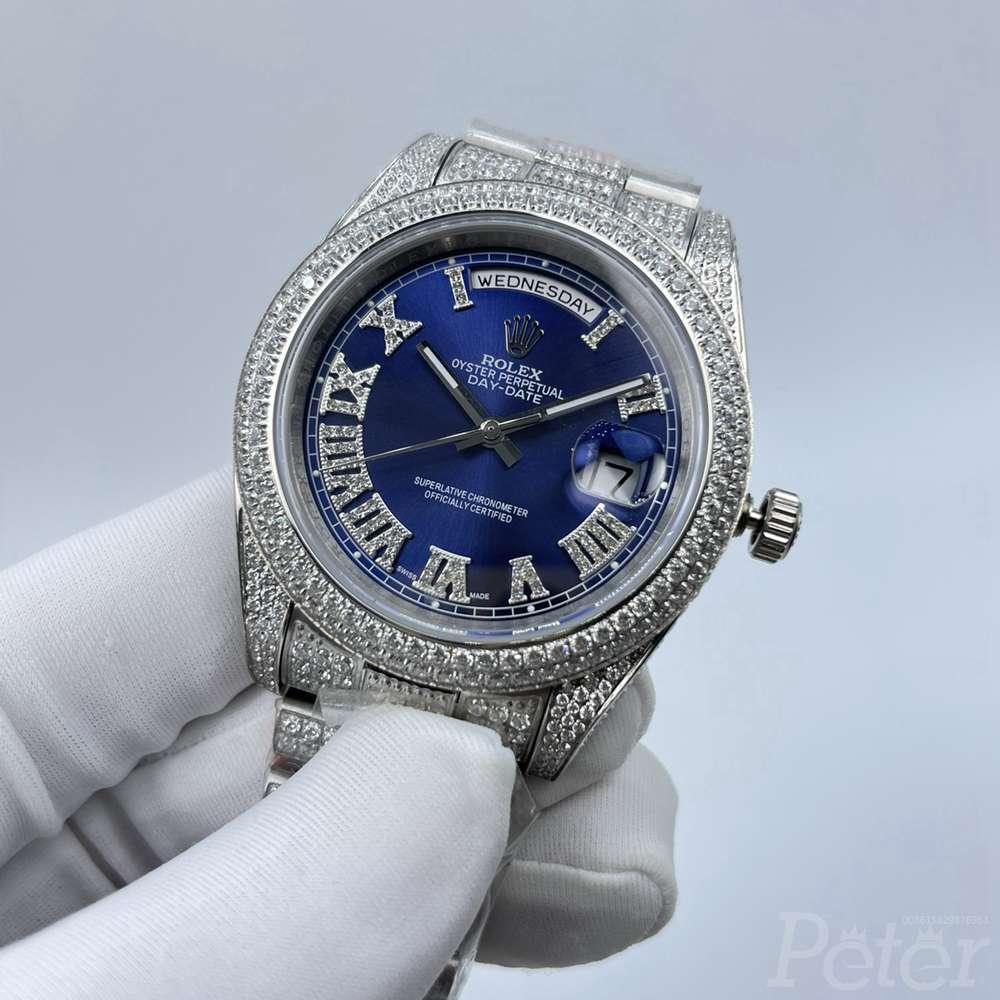 DayDate 41mm blue dial diamonds case Roman numbers AAA automatic men shiny stones watch S100