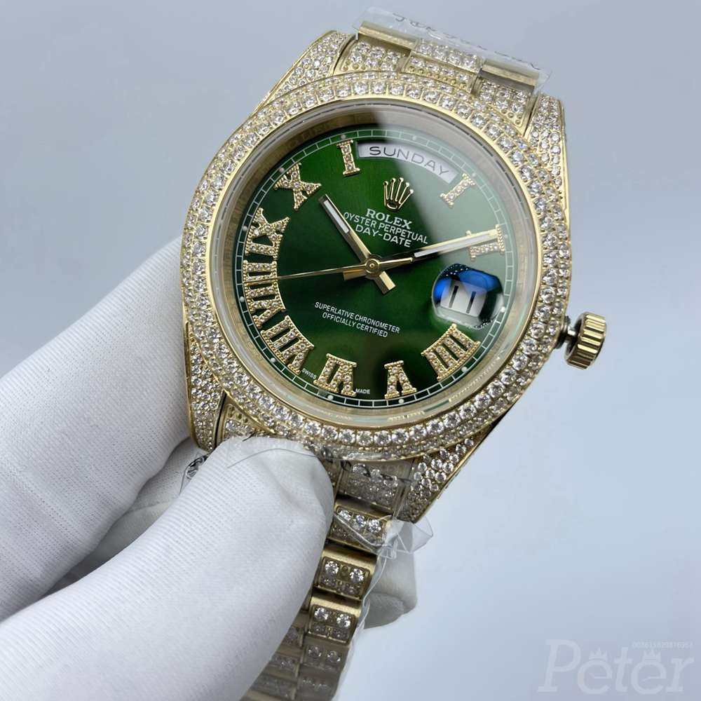 DayDate iced out green dial gold case 41mm diamonds Roman numbers AAA automatic shiny men watch S100
