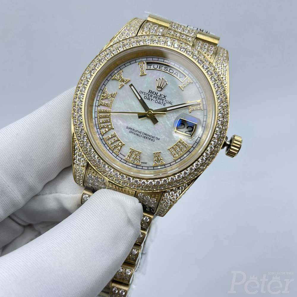 DayDate white pearl dial iced out gold case 41mm diamonds Roman numbers AAA automatic men shiny Rolex watch S100