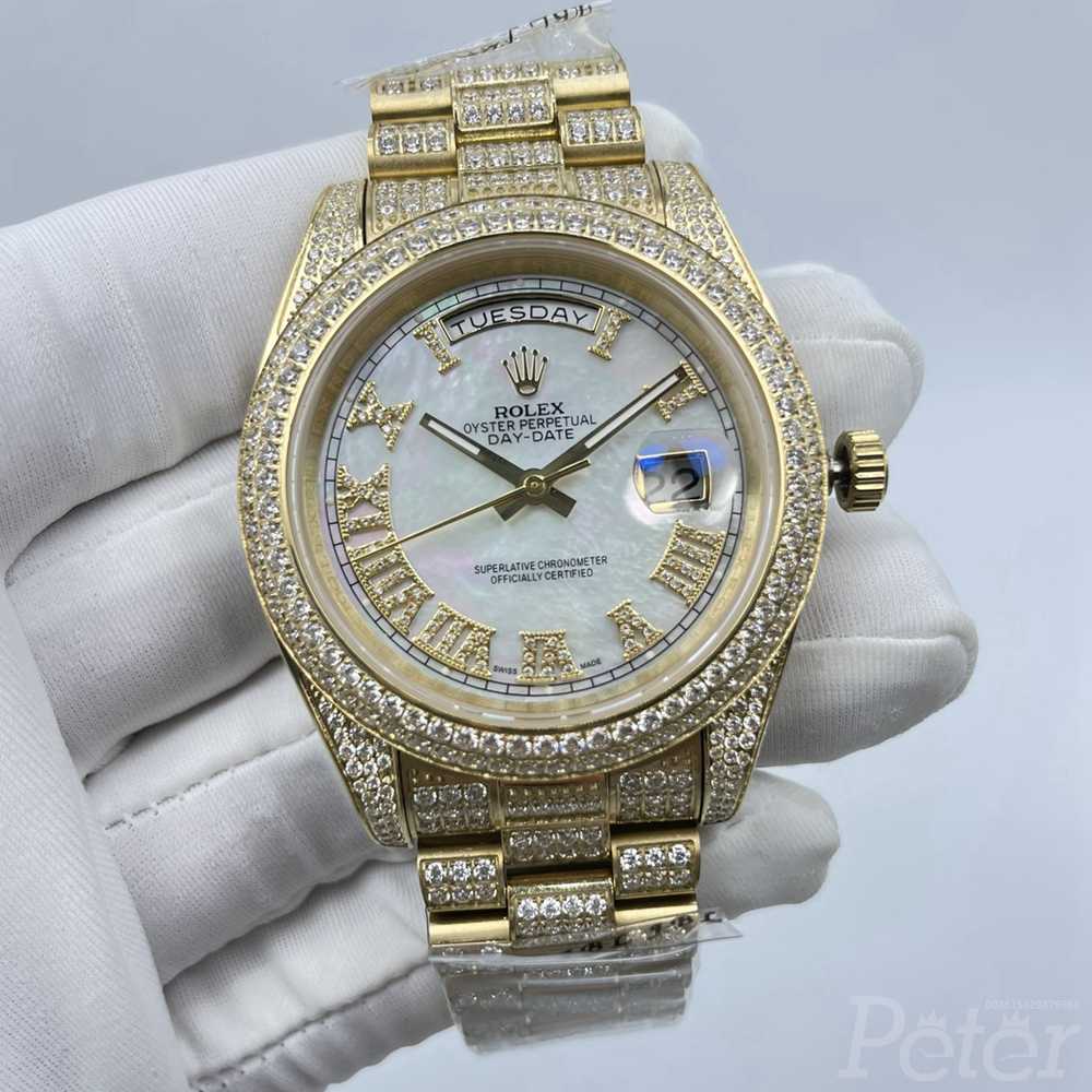 DayDate white pearl dial iced out gold case 41mm diamonds Roman numbers AAA automatic men shiny Rolex watch S100