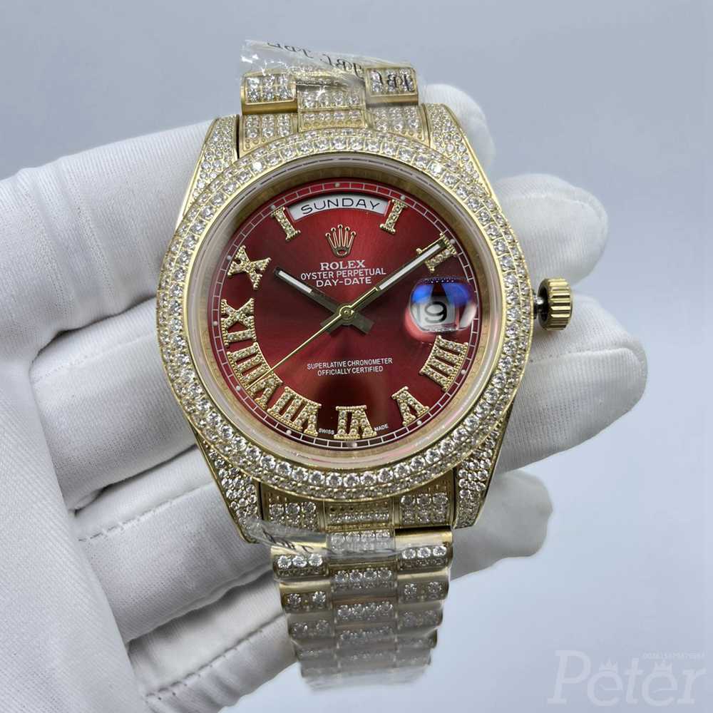 DayDate red dial full diamonds gold case 41mm Roman numbers AAA automatic men replica Rolex watch S100