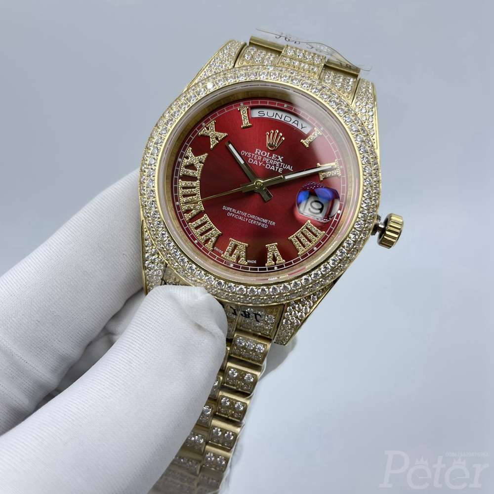 DayDate red dial full diamonds gold case 41mm Roman numbers AAA automatic men replica Rolex watch S100