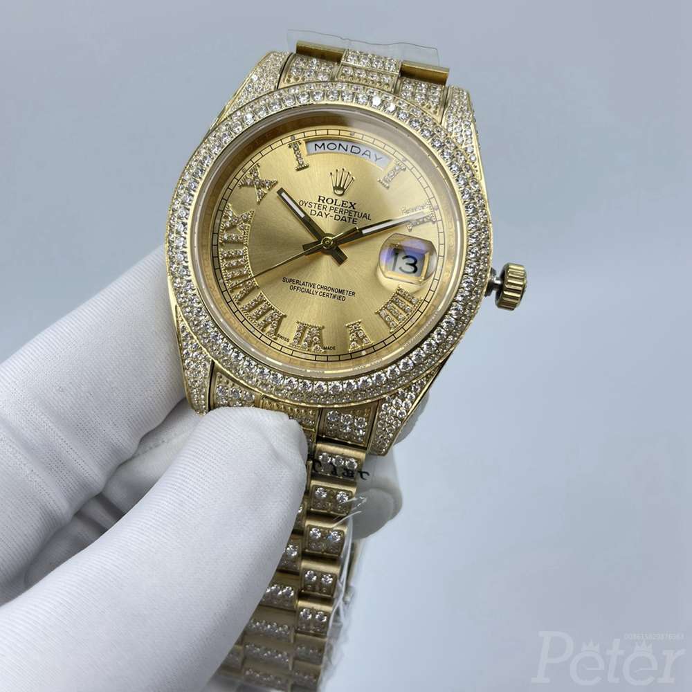 DayDate full diamonds gold case 41mm gold face Roman numbers AAA automatic shiny zircon stones men watch S100