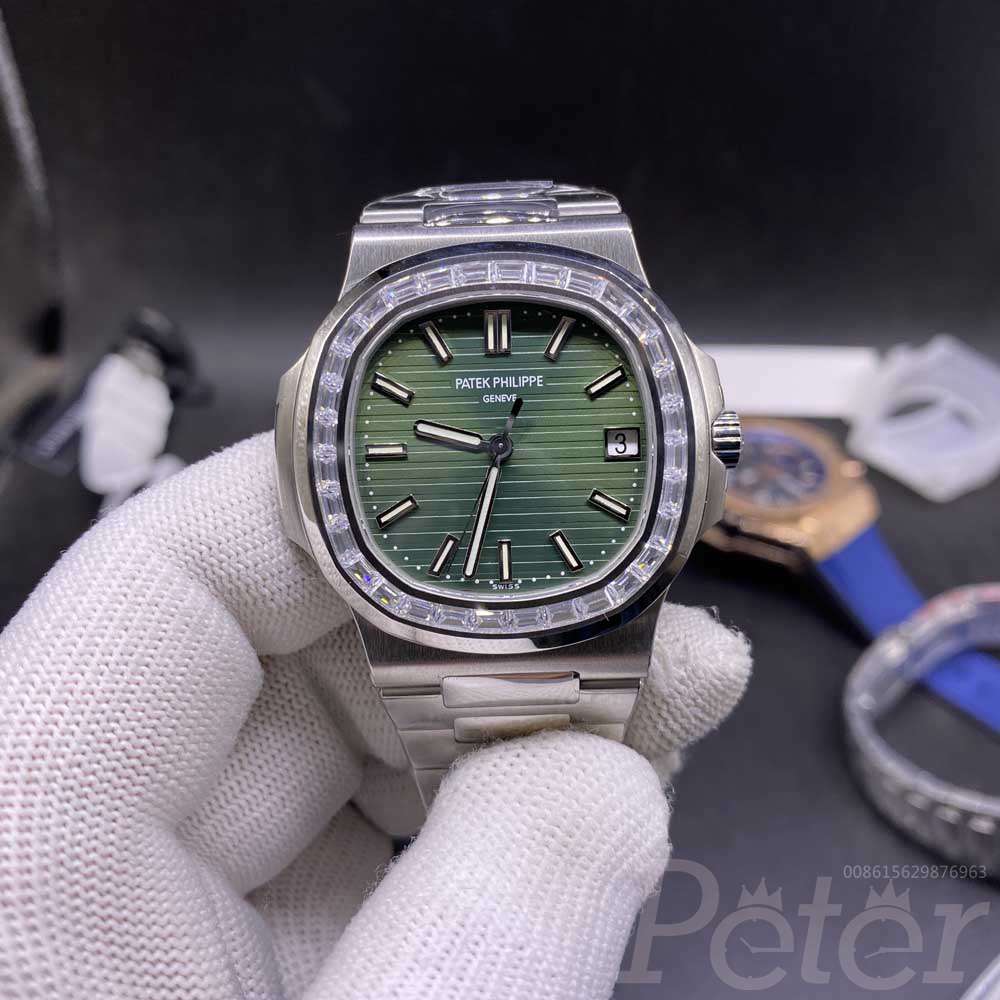 Patek silver/green baguette diamonds bezel stainless steel case 40mm green dial PPF factory Cal.324 automatic WT260