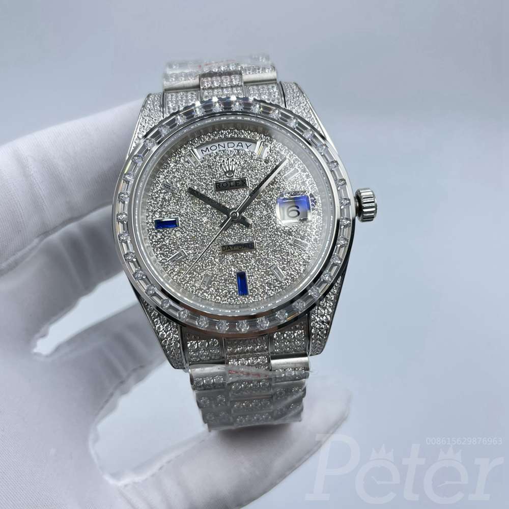 DayDate full iced out silver case 41mm baguette diamonds bezel president bracelet blue 6-9 stones S