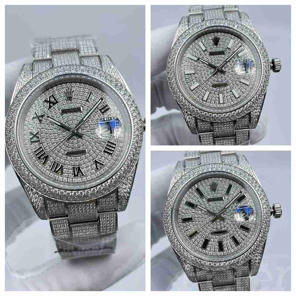 Datejust iced out silver case 41mm diamonds face Roman/Dash numbers oyster bracelet AAA automatic 2813 S