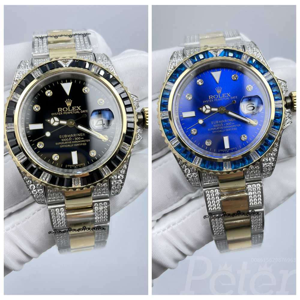 SUB 2tone gold case 40mm AAA automatic baguette stones bezel black/blue diamonds numbers S078