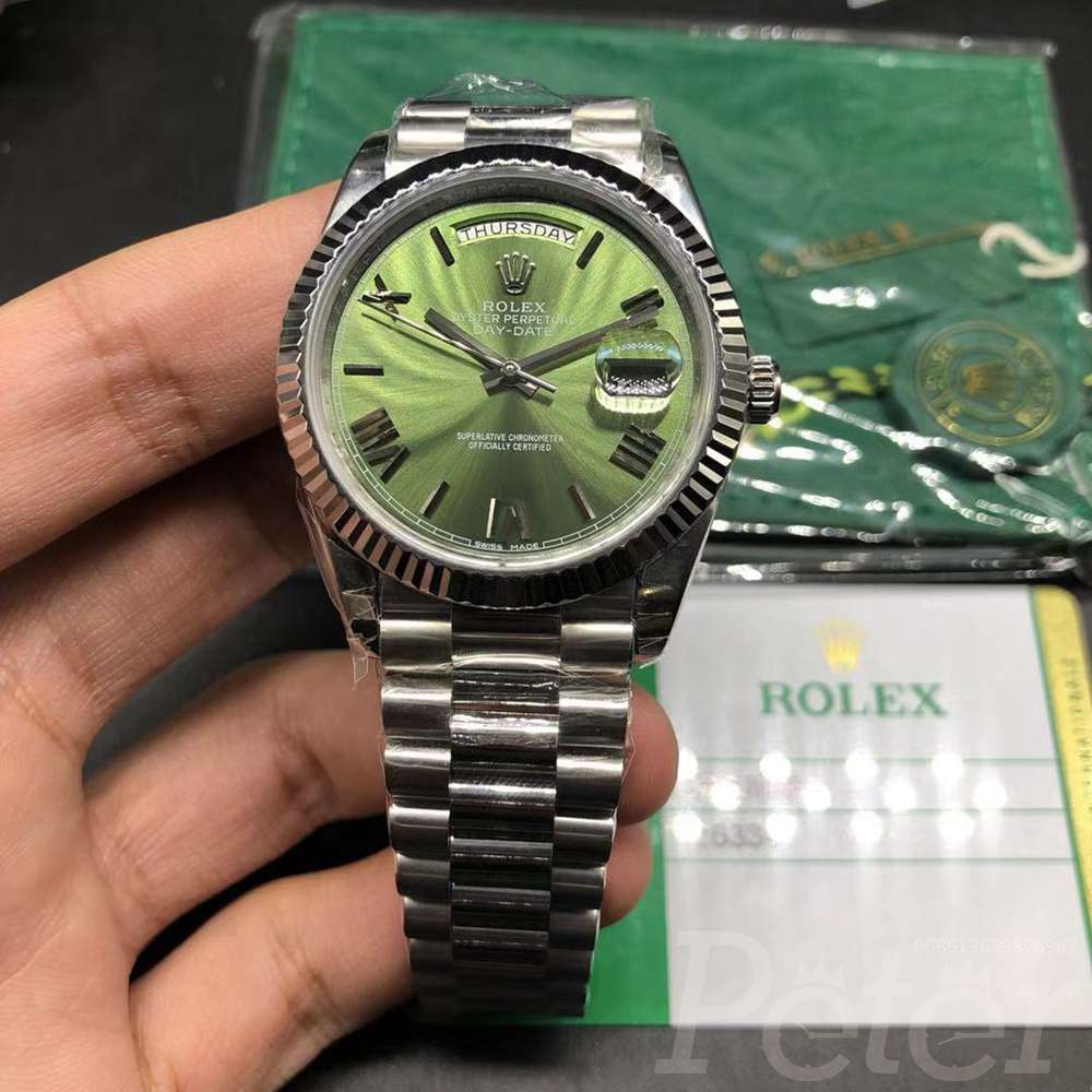 DayDate EW factory green face silver case fluted bezel roman numbers oyster band 3255 movement WT145