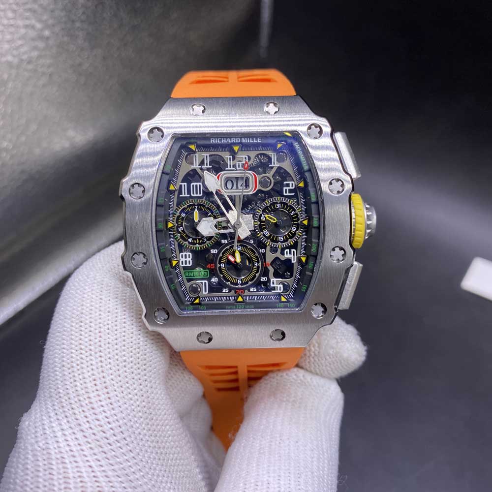 RM11-03 AAA automatic silver case orange rubber strap full works sub-dials but no chronograph M055
