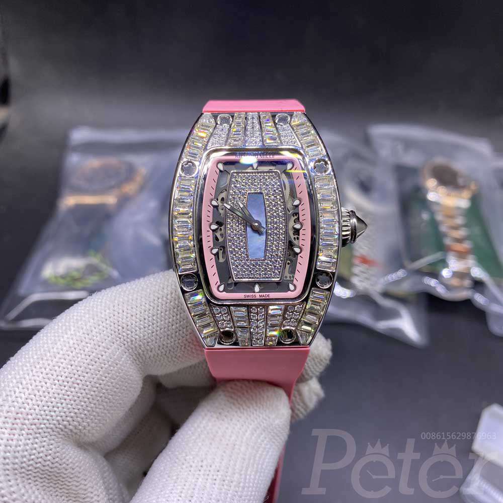RM007 baguette diamonds case 32mm miyota automatic movement pink rubber strap women shiny watch WS108