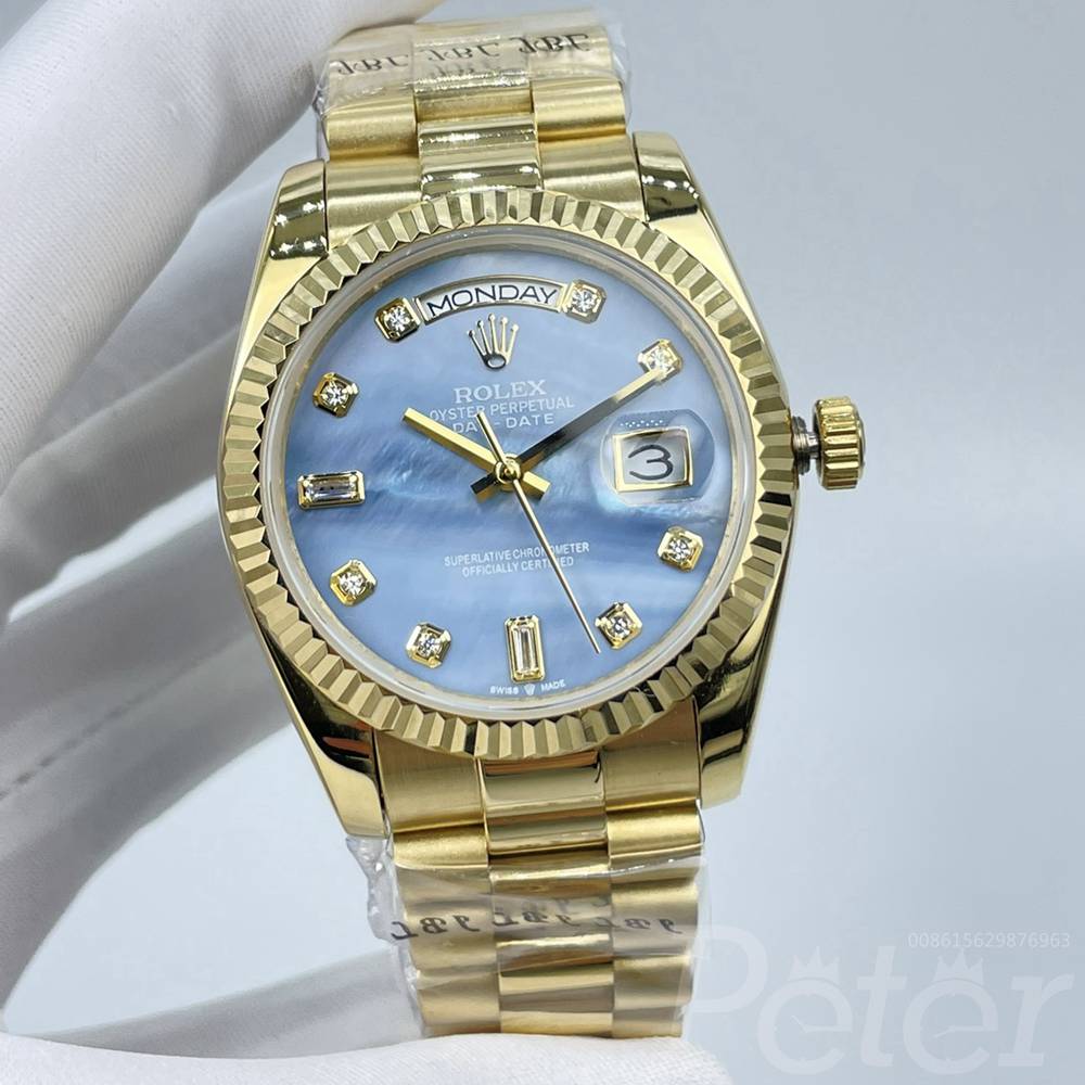 DayDate AAA 36mm gold case blue pearl dial automatic 2813 movement president bracelet fluted bezel S