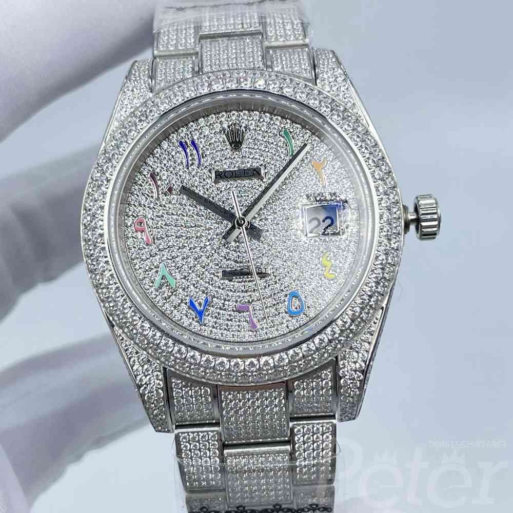 Datejust full iced out silver case 41mm diamonds face colorful Arabic numbers AAA automatic oyster band S100