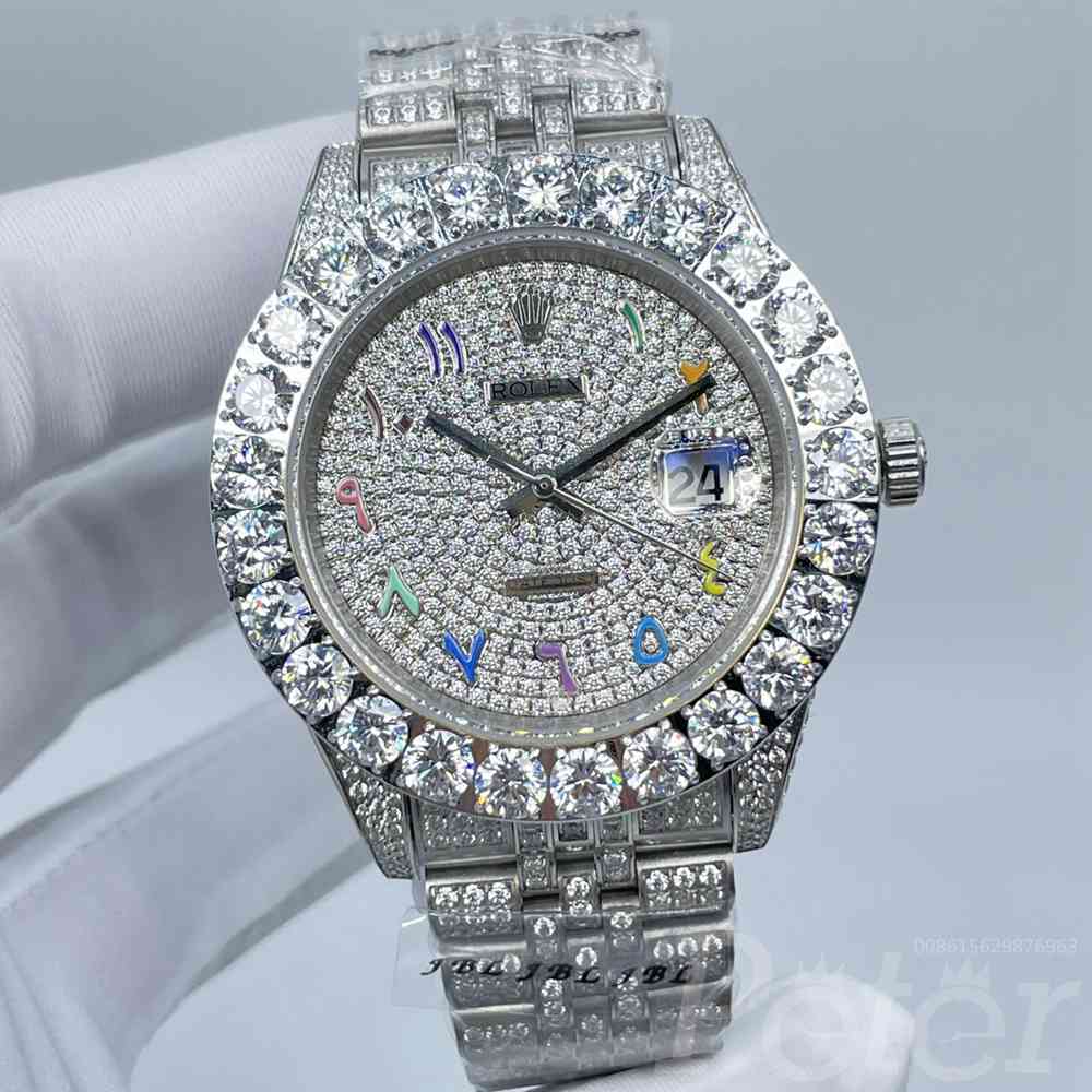 Datejust iced out silver case 43mm prongset bezel diamonds face Arabic numbers jubilee band AAA 2813 S