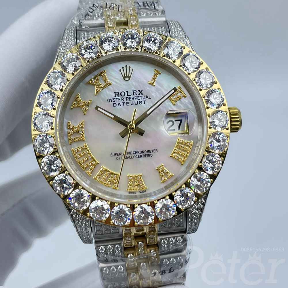 Datejust iced out 2tone gold case 43mm white pearl dial prongset bezel roman numbers jubilee band AAA automatic Sxx