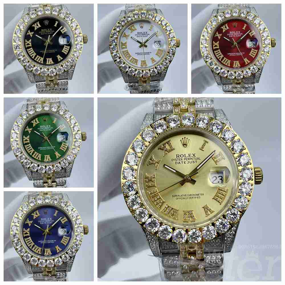 Datejust iced out 2tone gold 43mm black/white/red/green/blue/gold dials Roman numbers diamonds jubilee band watches S