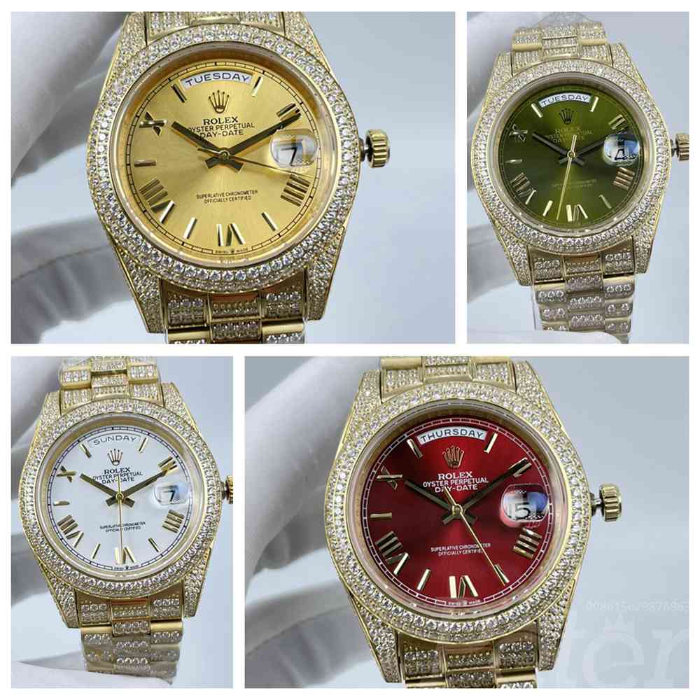 DayDate full iced out gold case 41mm gold/green/white/red dials Roman numbers AAA automatic S105