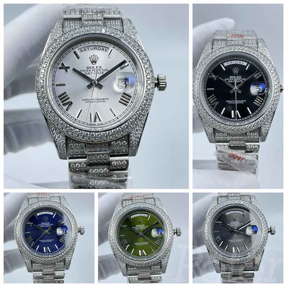 DayDate full iced out silver case white/black/blue/green/gray dials Roman numbers AAA automatic S100