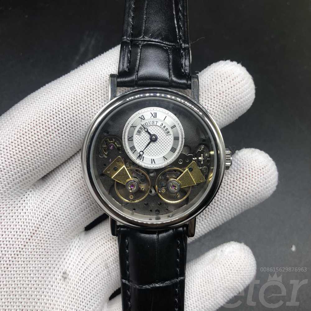 Breguet 3858 tourbillon style automatic silver case 42mm black leather strap men luxury fake watch XD06