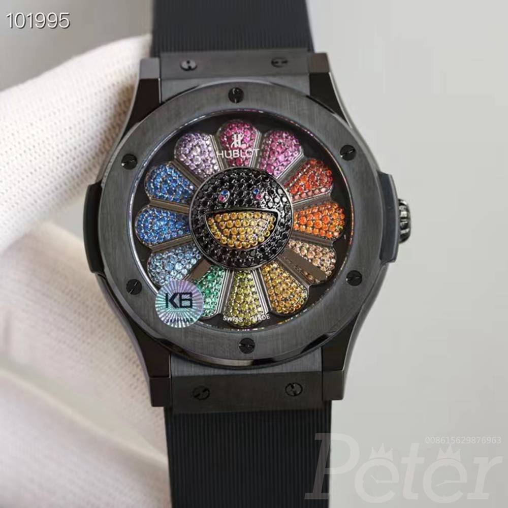 Hublot sunflower diamonds face steel with ceramic black case rubber strap MHUB1214 Unico automatic XD150