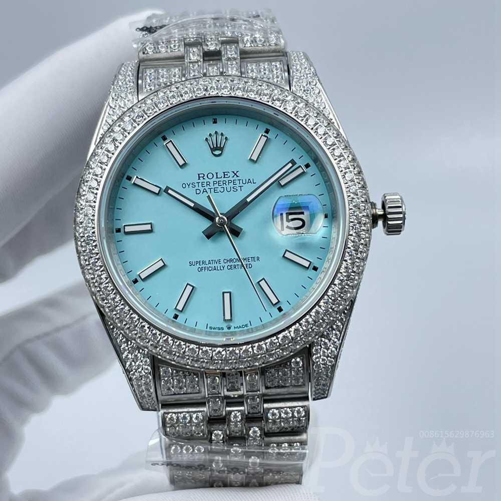 Datejust full diamonds steel case 41mm Tiffany blue dial jubilee bracelet AAA automatic 2813 men shiny watch S100
