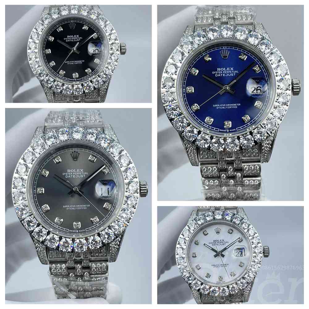 Datejust 43mm prongset diamonds bezel jubilee band stone numbers black/blue/gray/white dials AAA automatic S100
