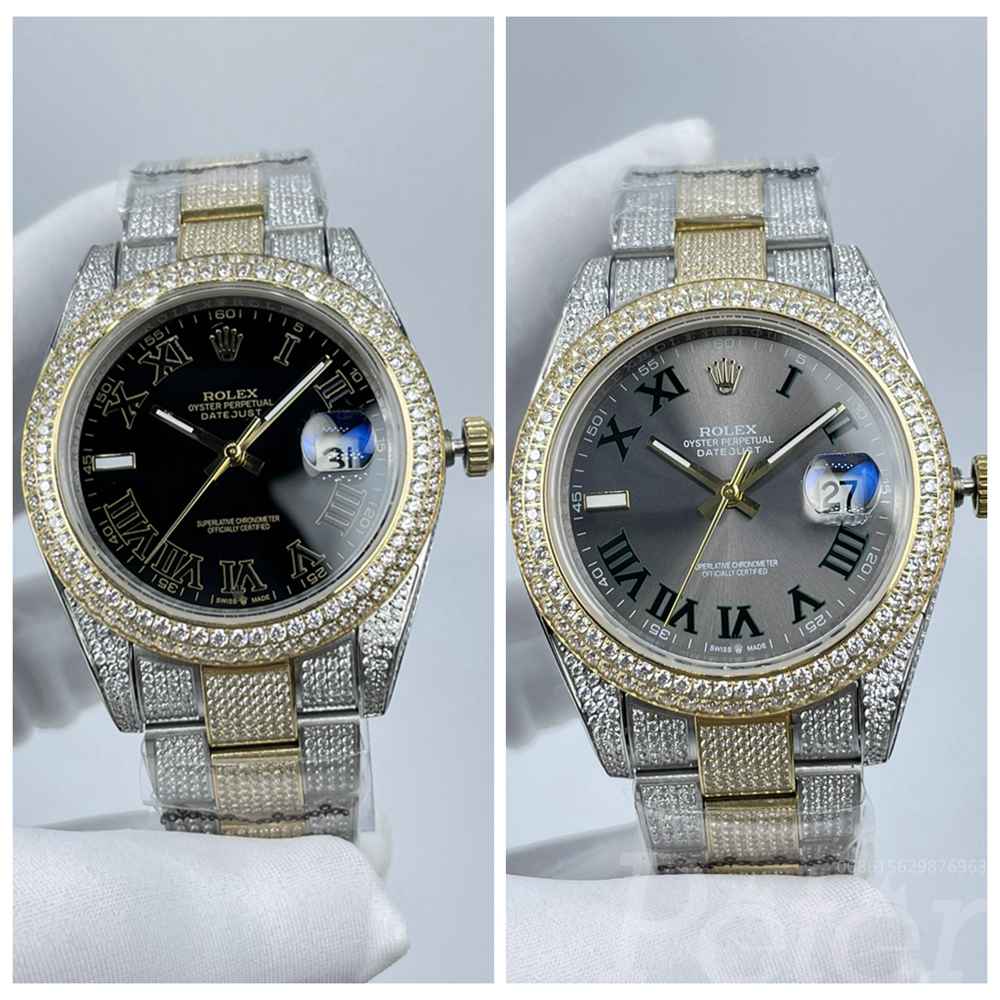 Datejust full diamonds two tone gold case 41mm black/gray dial Roman numbers oyster band AAA automatic S100