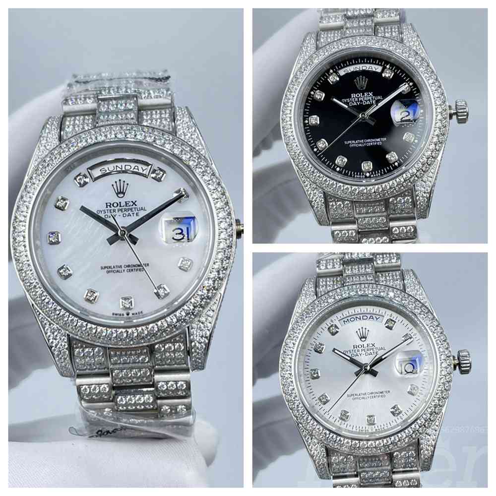 DayDate 41mm full diamonds silver case white pearl/silver/black face stone numbers president band AAA automatic 2813 S100