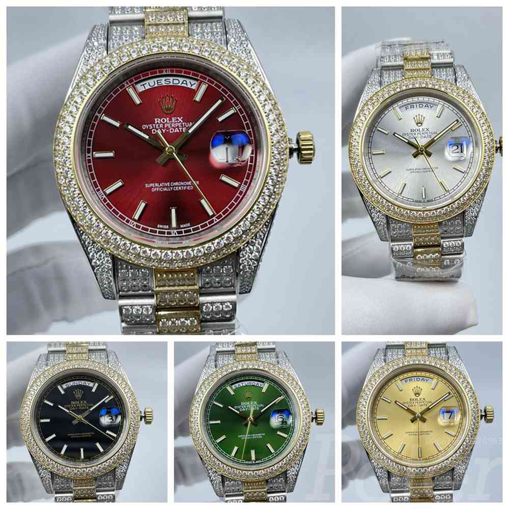 DayDate iced out 2tone gold 41mm AAA automatic red/silver/black/green/gold dials dash numbers president bands S100