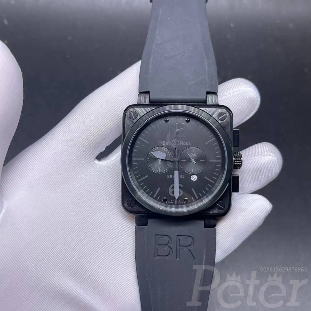 Bell Ross full black case 42mm black rubber strap battery quartz movement chronograph full works AL024