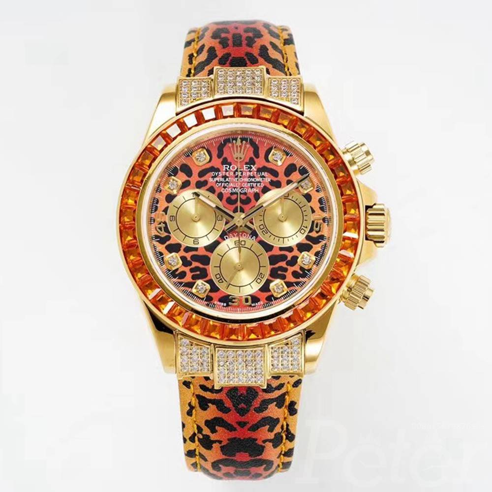Daytona Leopard 11598 SACO gold case baguette red stones leather strap TW factory 7750 chronograph full works WT180