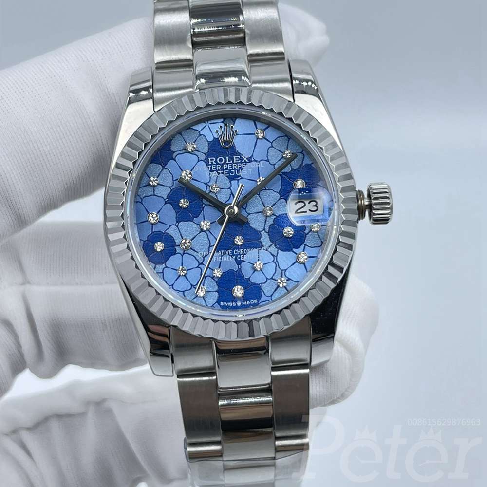 Datejust 31 silver case fluted bezel blue flower dial oyster band AAA automatic women watch Sxx