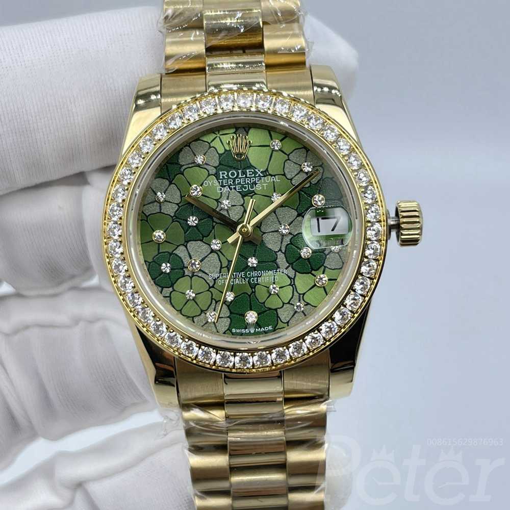 Datejust 31 gold case green flower dial diamonds bezel president band AAA automatic lady watch Sxx