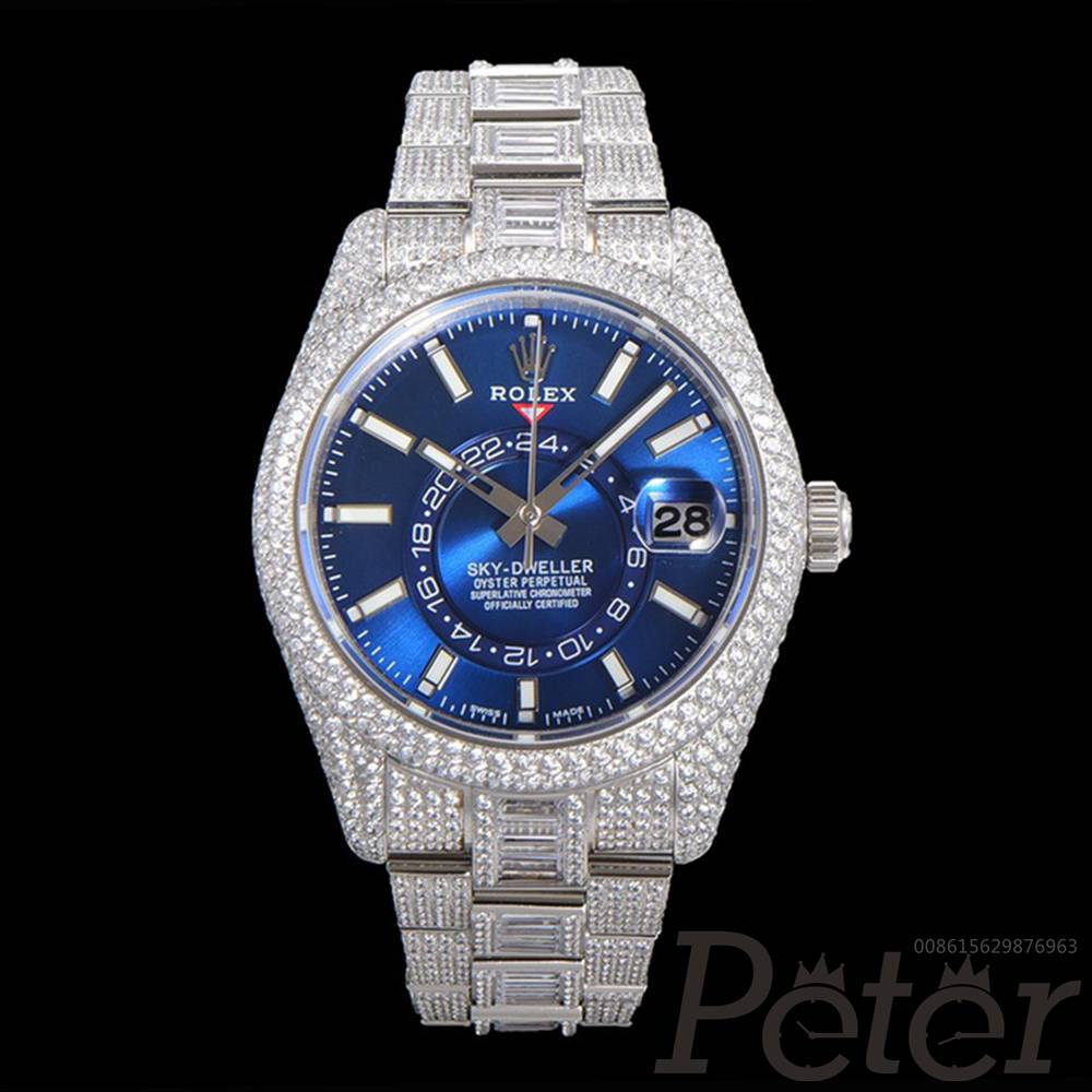 Sky-Dweller 42mm bustdown diamonds silver case blue dial 9001 automatic Swiss grade full works XD315