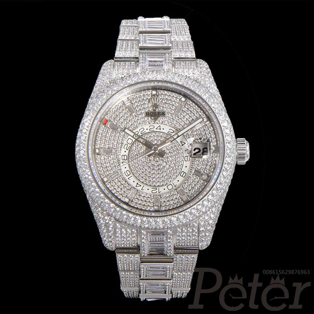 Sky-Dweller full diamonds swarovski stones 9001 automatic 42mm all silver color full works baguette diamonds bands XD315