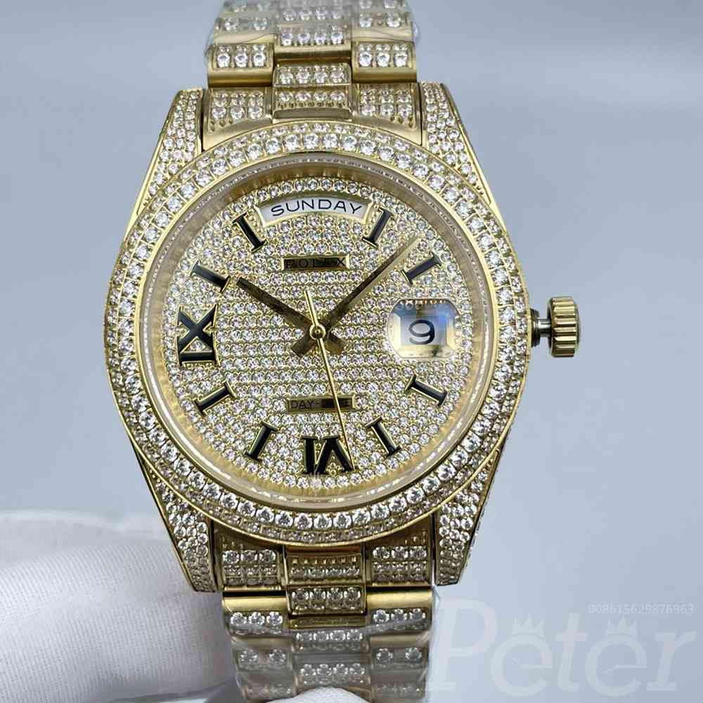 DayDate full iced out gold case 41mm diamonds face black Roman numbers AAA automatic 2813 movement Sx