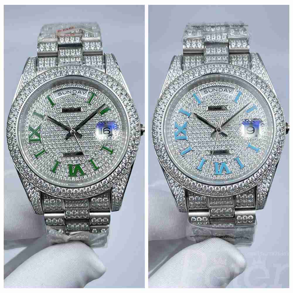 DayDate 41 full diamonds silver case blue/green Roman numbers president bracelet AAA automatic Sx