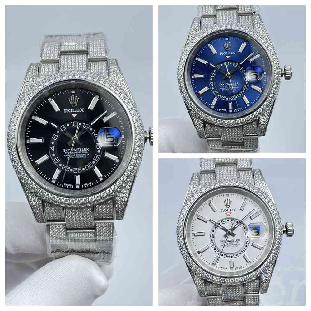 Sky-Dweller iced out silver case black/blue/white dial full works AAA automatic shiny diamonds men watches Sx