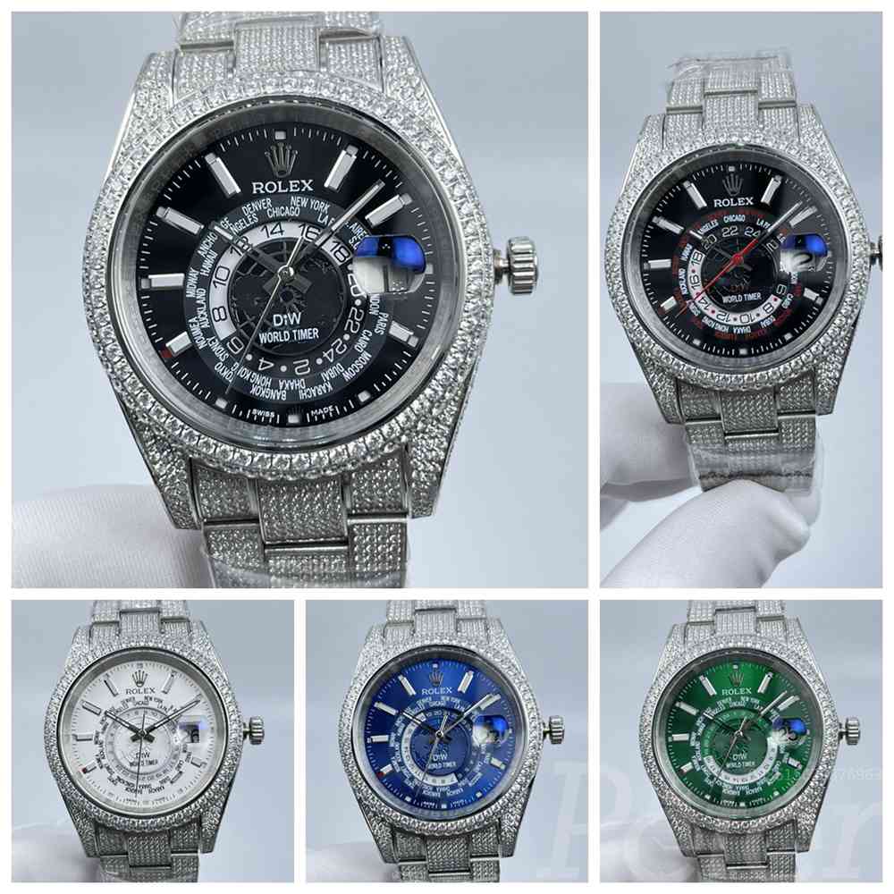 Sky-Dweller World timer full iced out silver case black/blue/green/white face oyster band AAA automatic Sx