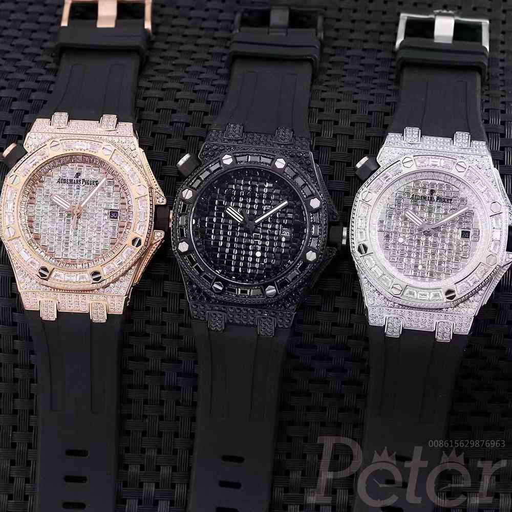 AP baguette diamonds rose gold/black/white case black rubber strap shiny stones men automatic watch JJ105