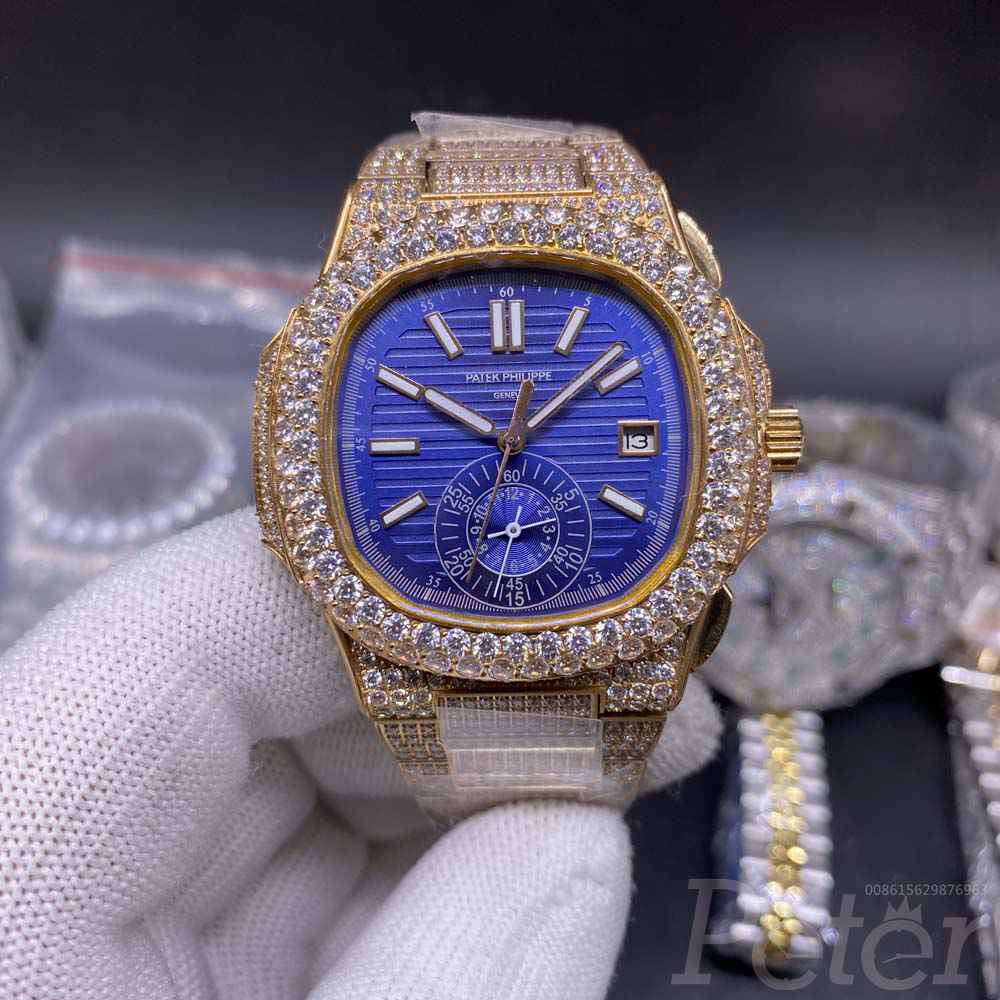 Patek full diamonds rose gold case blue dial AAA automatic 2813 movement men shiny watch BL