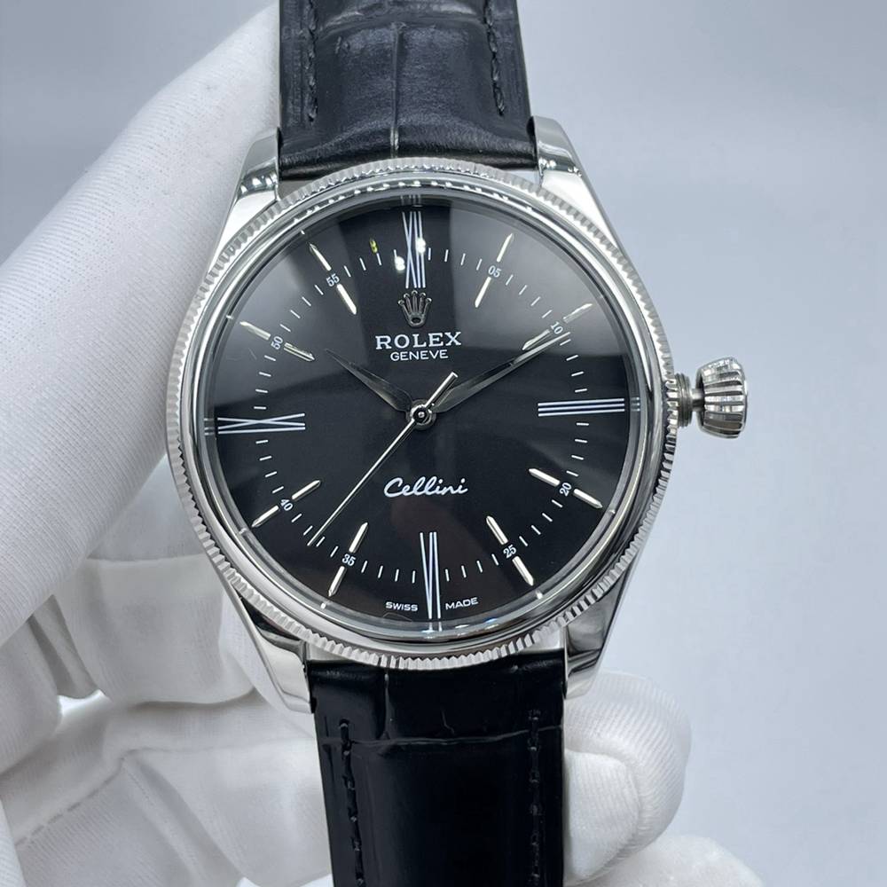 Rolex Cellini AAA automatic silver case 39mm black dial black leather strap Sx