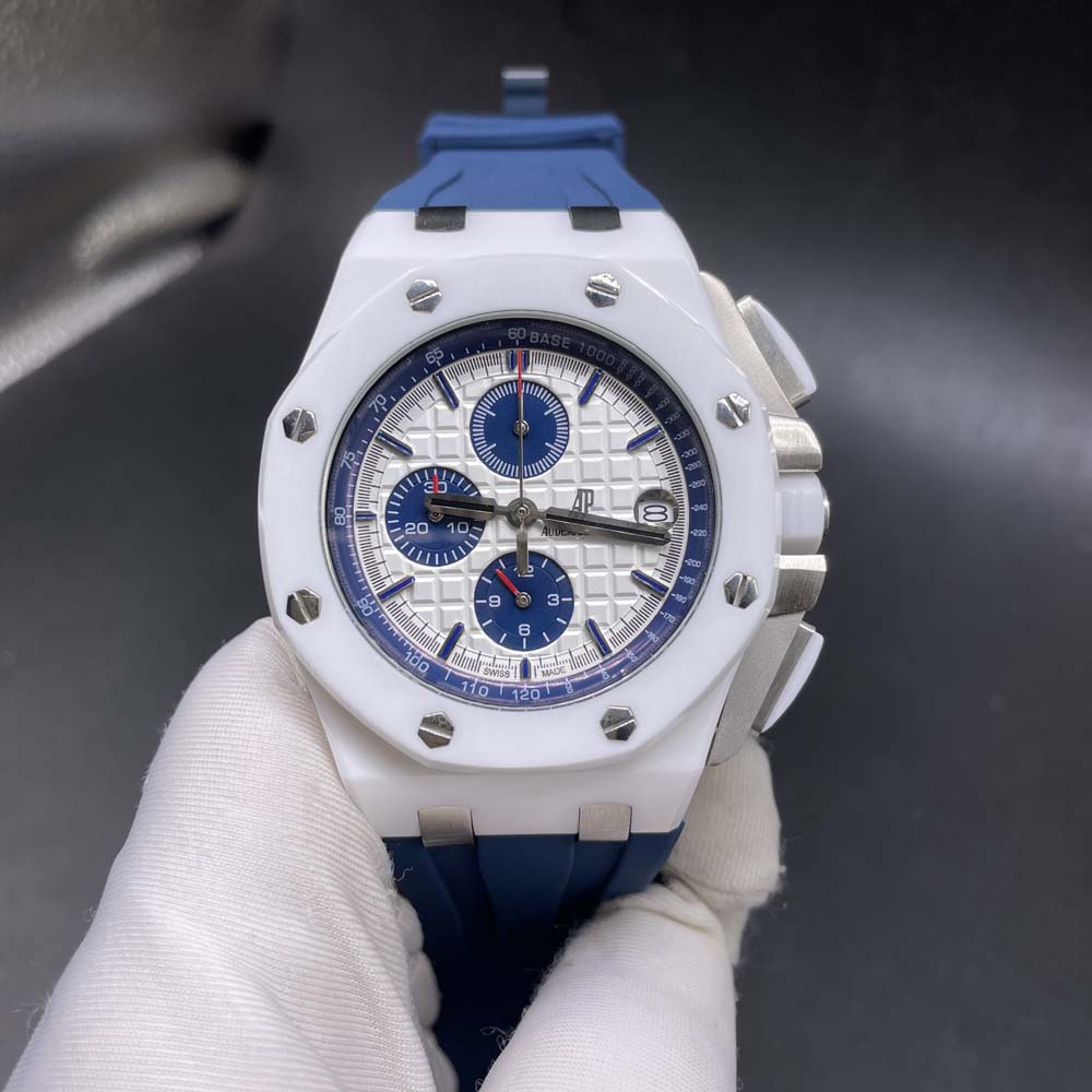 AP white ceramic case 44mm chronograph full works quartz AAA grade blue rubber strap men stopwatch BL055