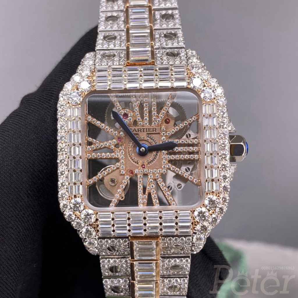 Cartier Santos Moissanite diamonds two tone rose gold case 40mm skeleton dial Swiss quartz movement