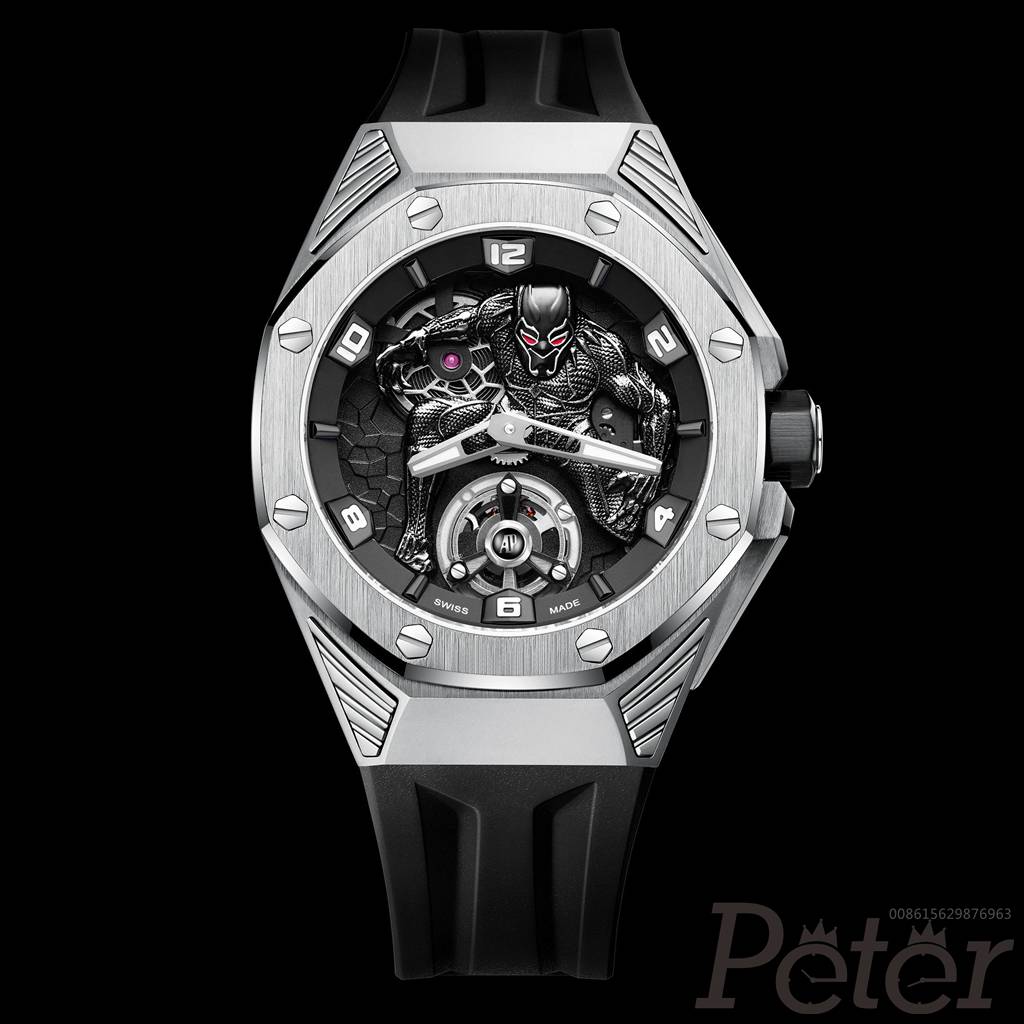 AP 26620 Black Panther silver case 42mm black rubber strap tourbillon style men watch AFE