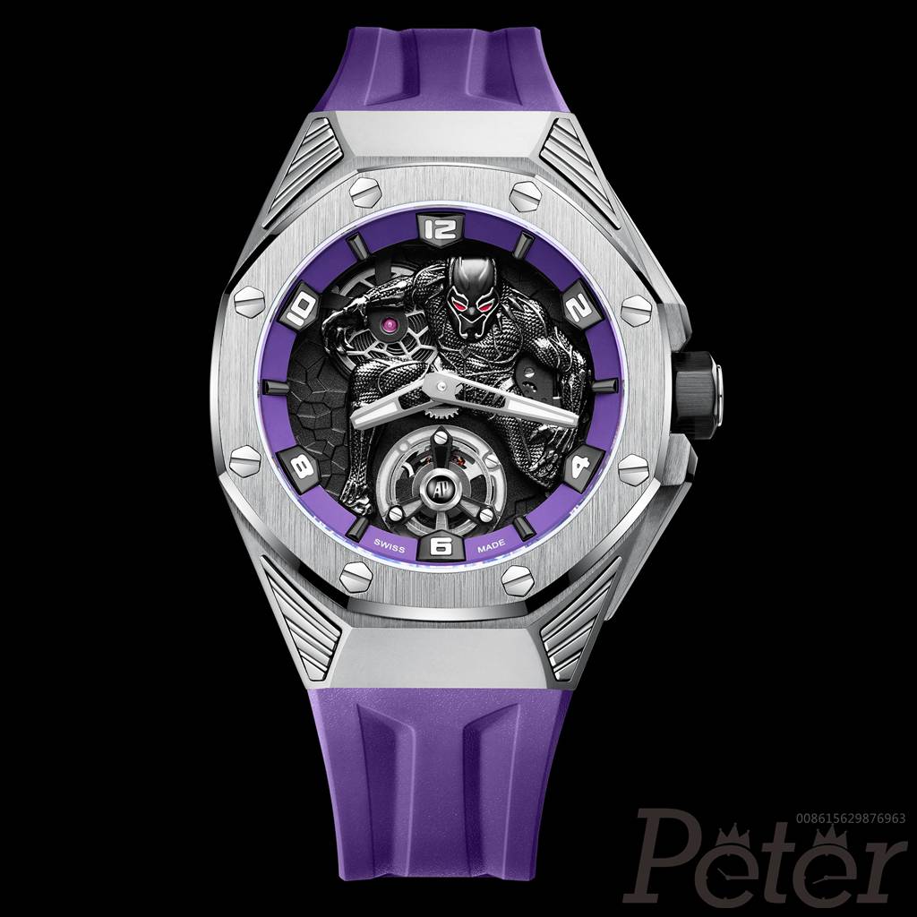 AP 26620 Black Panther silver case skeleton tourbillon style hands-winding 2965 movement purple rubber strap watch XD