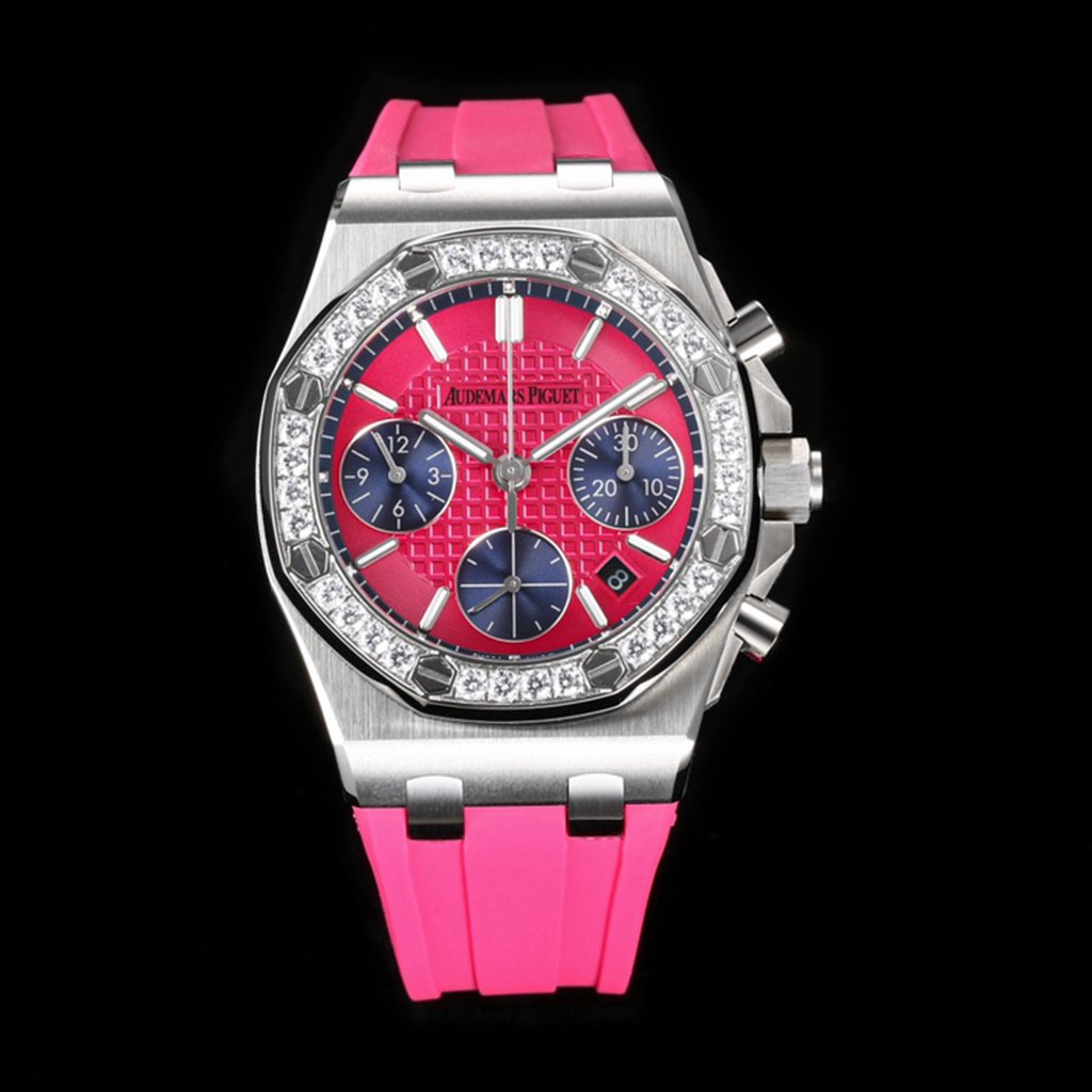 AP women size 37mm diamonds bezel red dial red rubber strap automatic 7750 full works seconds at 6 clock WT17