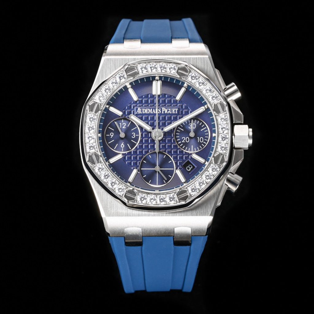 AP women 37mm silver/blue full works chronograph 7750 automatic diamonds bezel high grade WT17