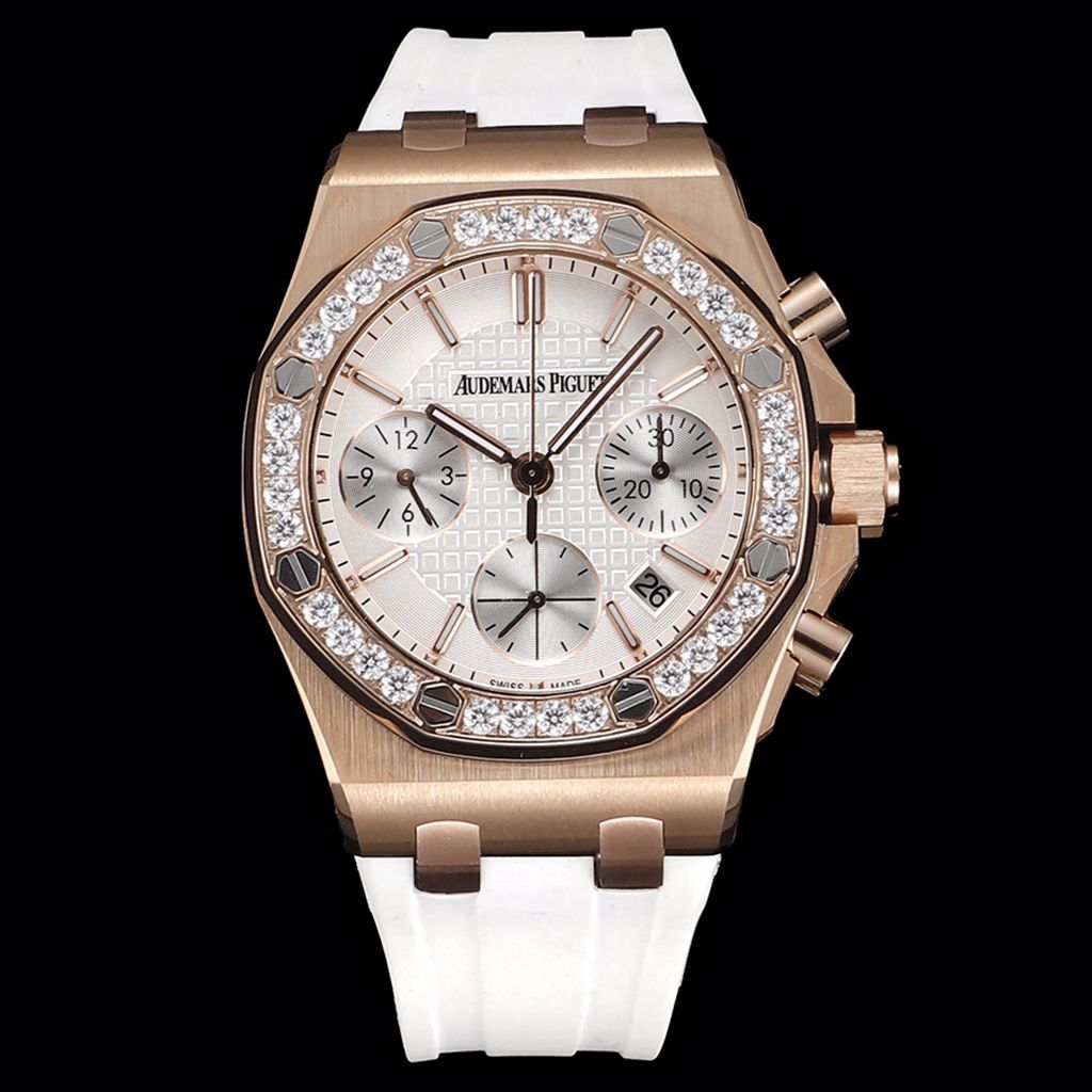 AP chronograph 7750 automatic women size 37mm rose gold case white dial white rubber strap WT17